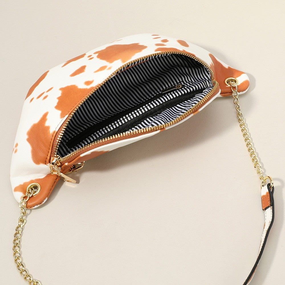Cow Print Fanny Pack Crossbody Bag Brown White Adjustable Chain Strap