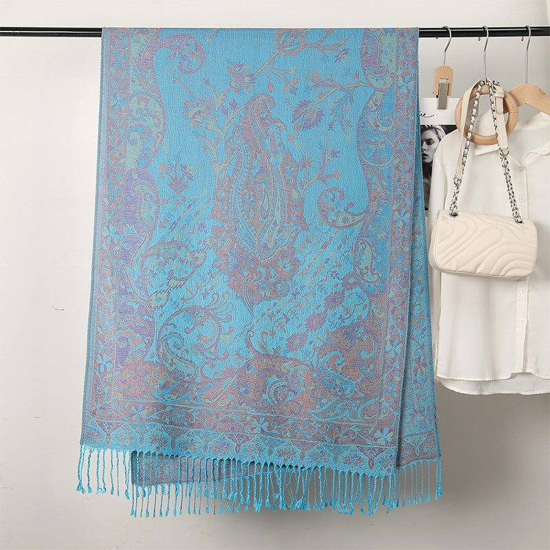 3 PC Paisley Pashmina Shawl Set - Teal Red Blue Floral Wrap Scarf with Tassels
