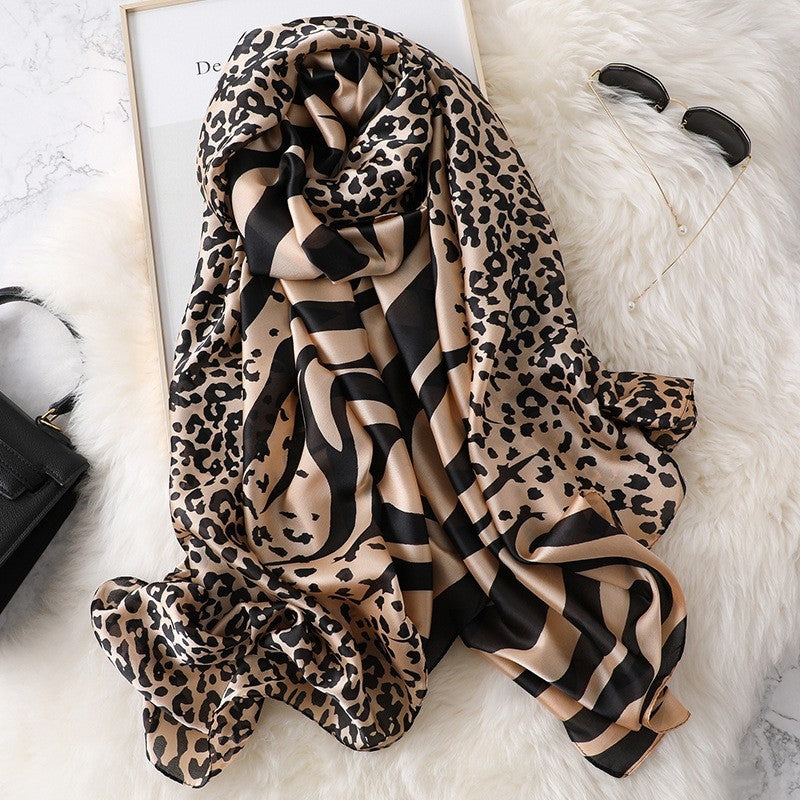2PC Luxury Animal Print Scarf Set Silky Feel Leopard Zebra Tan Black White
