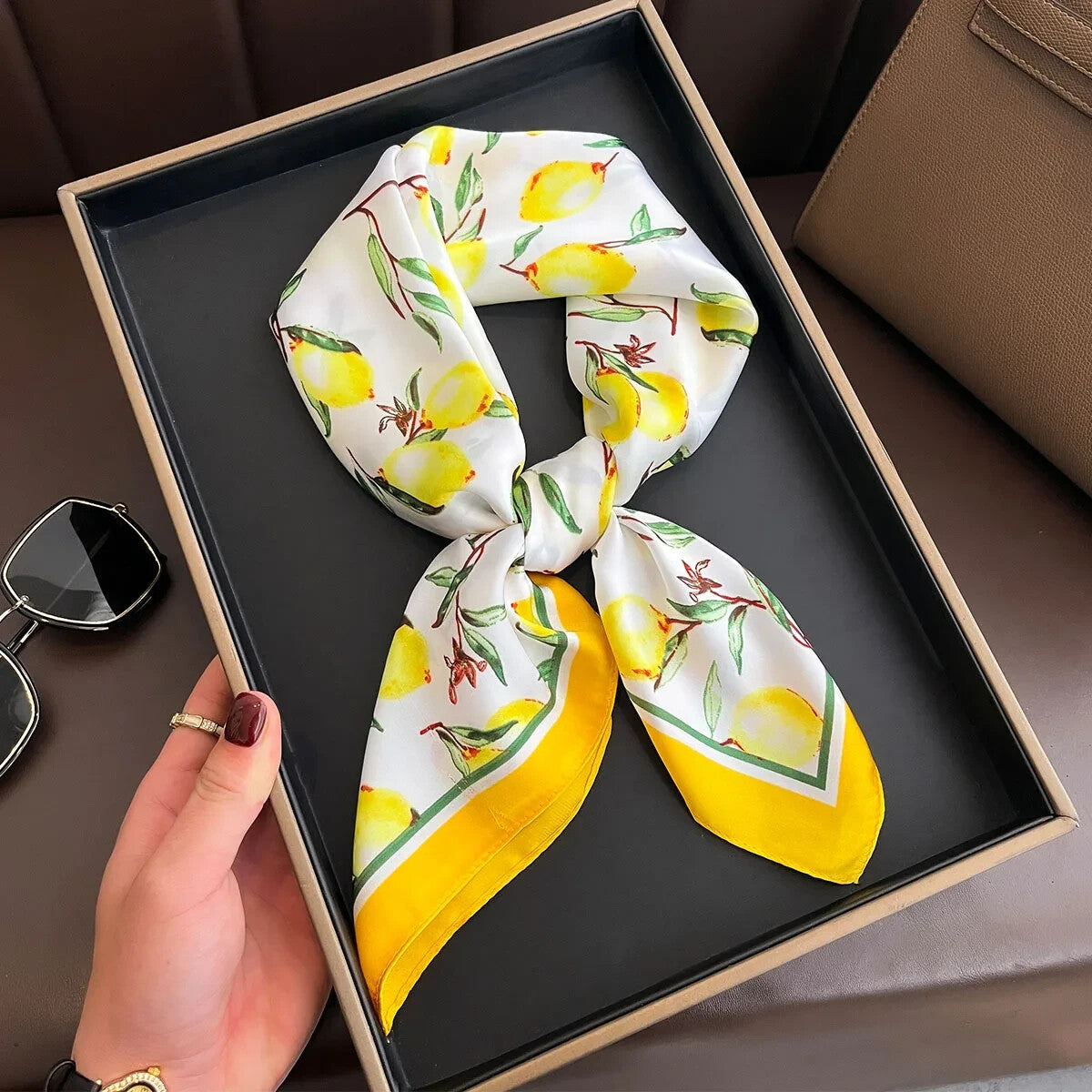 Yellow Lemon Print Square Silk Feel Scarf for Women 70x70cm Neckerchief