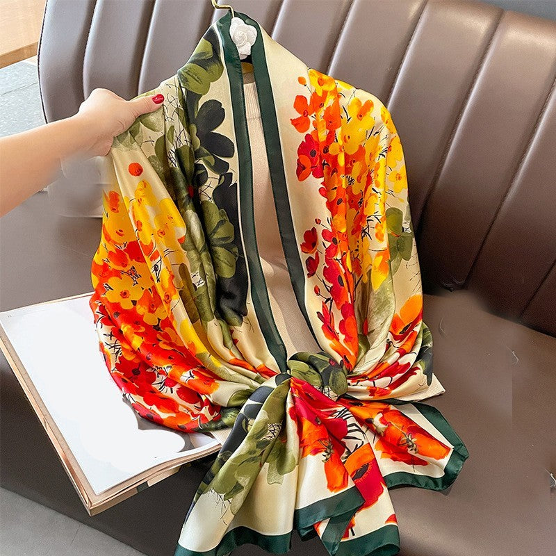 Large Floral Silk Feel Shawl Scarf Orange Yellow Green Wrap 71" x 35"