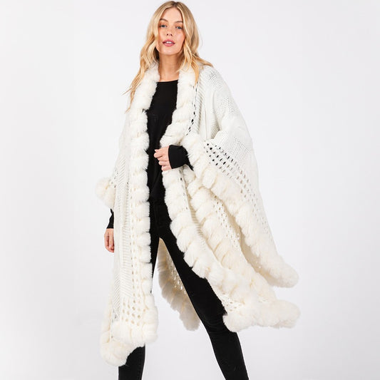 Luxurious White Cable Knit Shawl Cape Faux Fur Trim Open Front Long Poncho