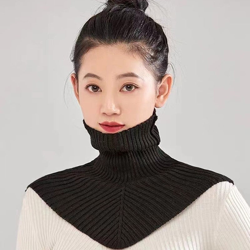 2PCs Black Ribbed Knit Turtleneck Dickie Detachable Collar Sweater Mock Half Top