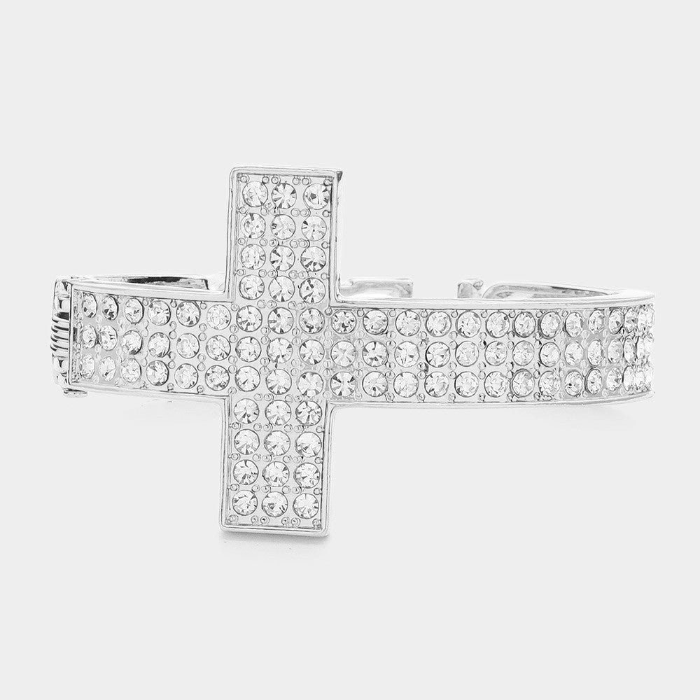 BLESSED Rhinestone Embellished Cross Charm Hinged Cuff Bracelet for Women Silver