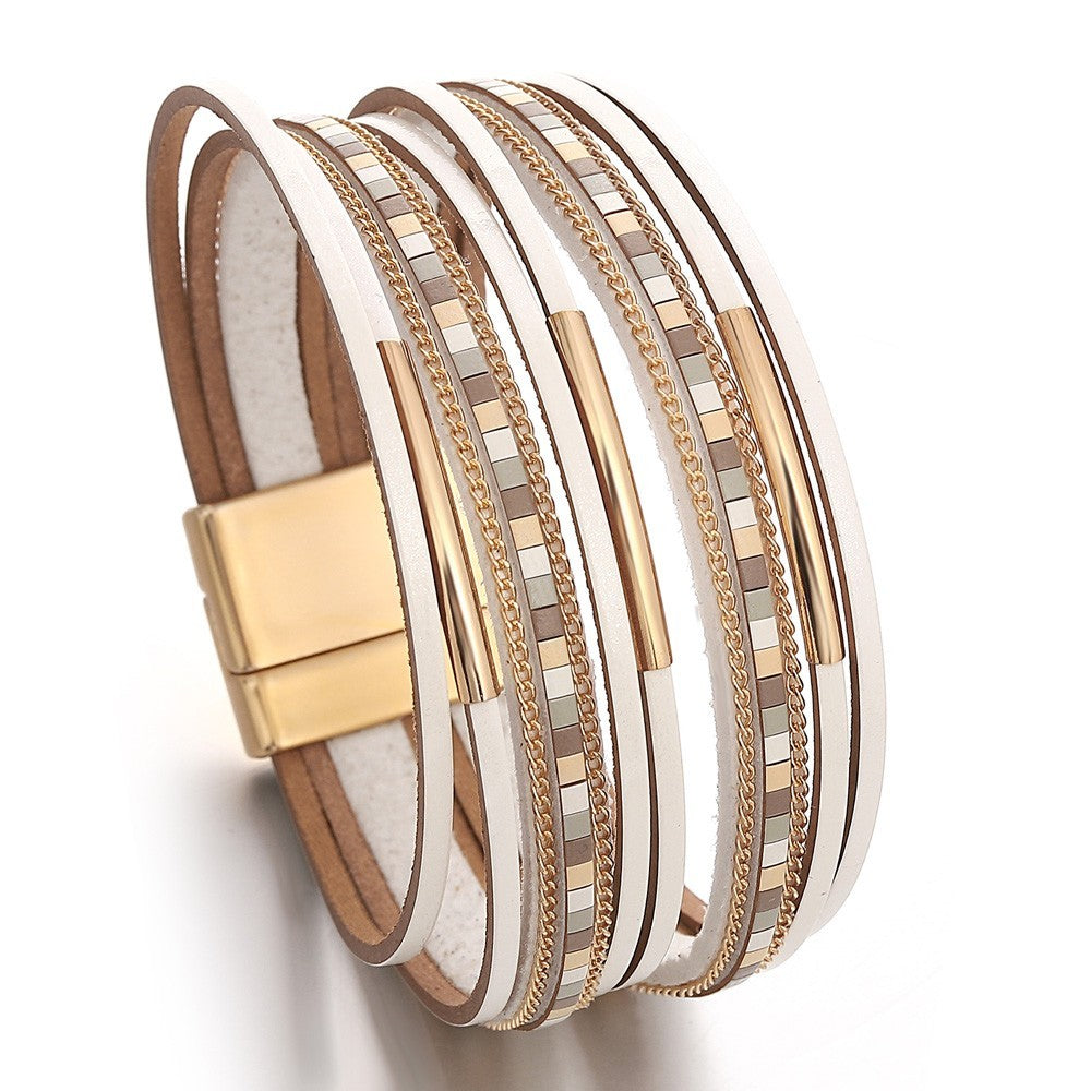 2PC Leopard Print & White Faux Fur Leather Cuff Bracelet Set w/ Magnetic Clasp