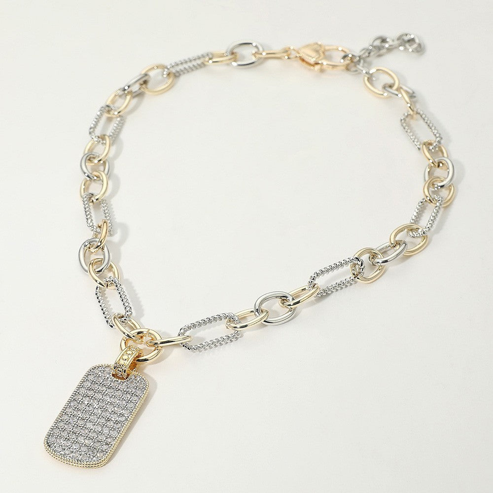 14K Gold Plated Two Tone CZ Dog Tag Pendant Chunky Chain Necklace for Women