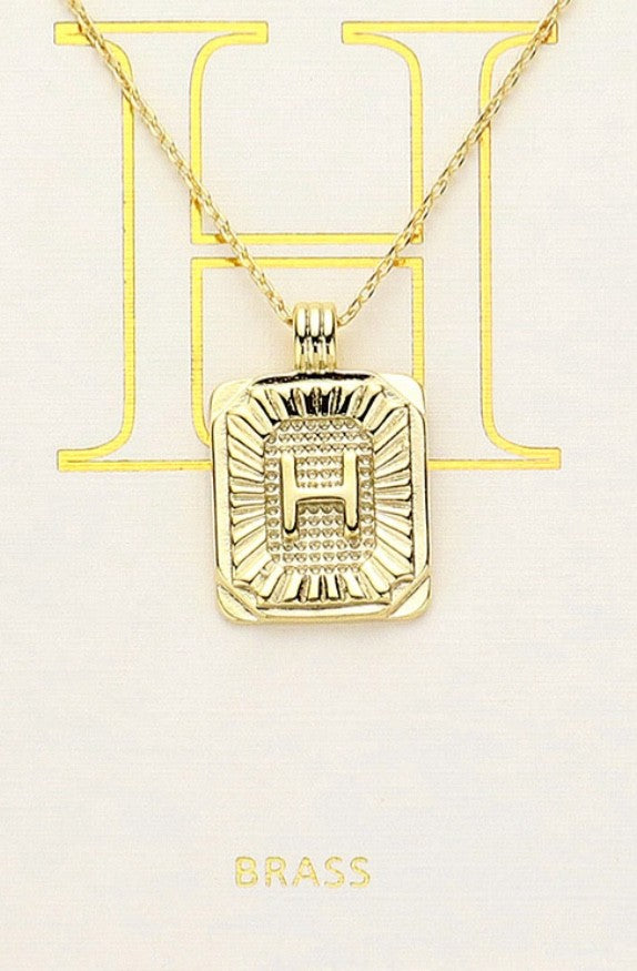 Gold Initial "H" Rectangular Sunburst Pendant Necklace - Brass Fashion Jewelry