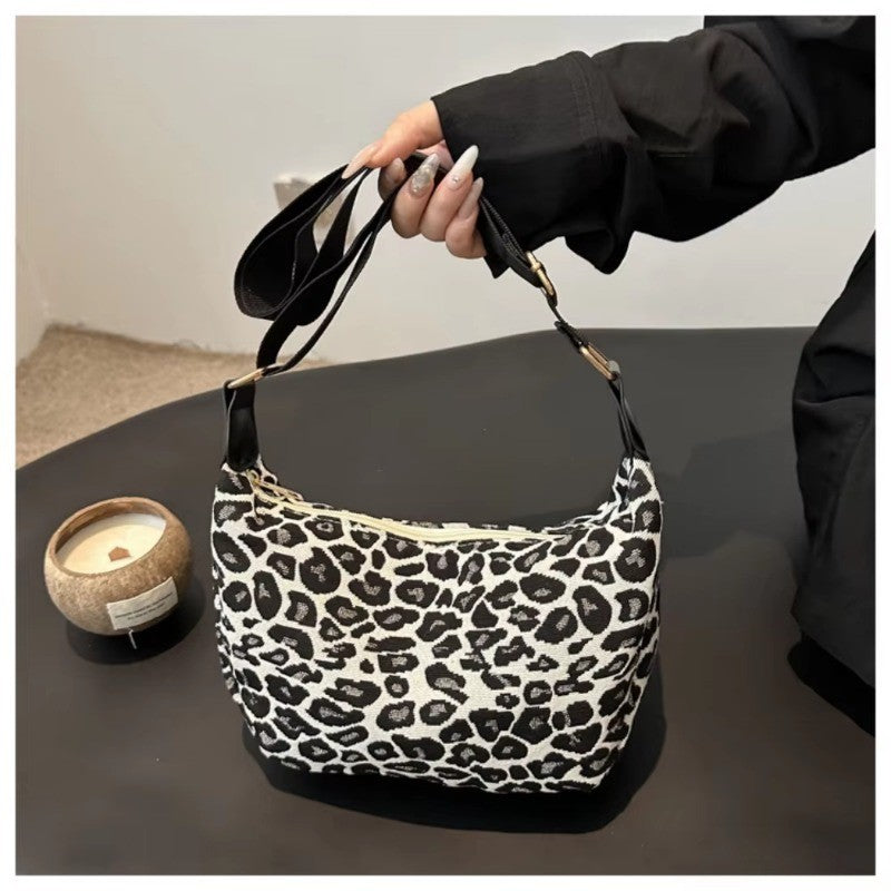 Leopard Print Hobo Shoulder Bag Y2K Style Black White Baguette Purse