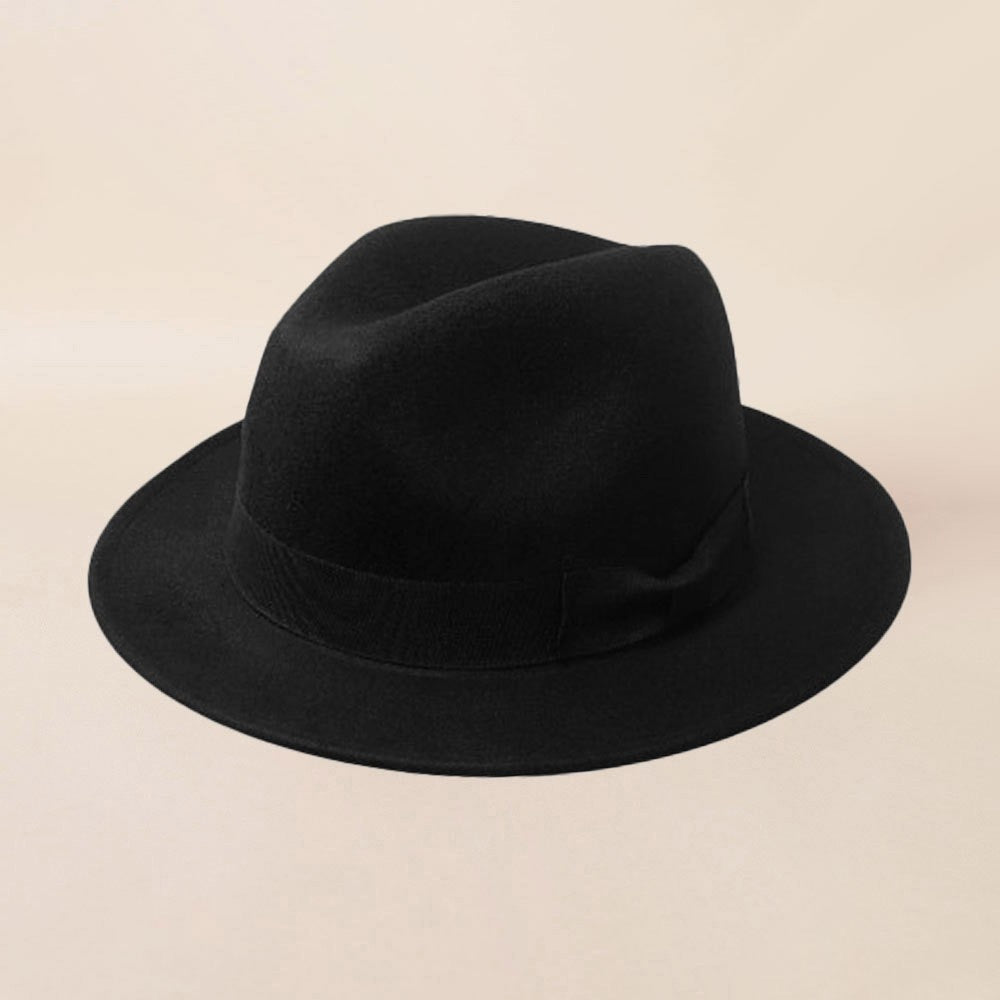 Classic Men's Black Wool Felt Fedora Hat Wide Brim Adjustable Gangster Jazz Cap