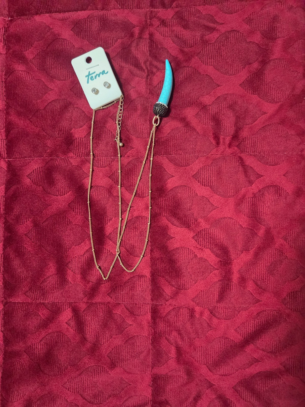 Boho Gold Chain Necklace with Turquoise Horn Pendant & Crystal Stud Earrings Set