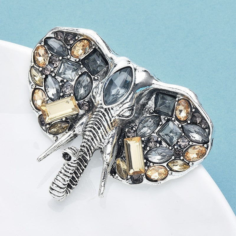 Vintage Style Elephant Brooch Pin Gray Amber Rhinestone Crystal Silver Tone
