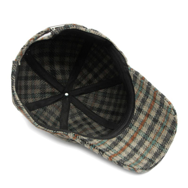 Mens Plaid Wool Blend Baseball Cap Orange Teal Adjustable Winter Hat