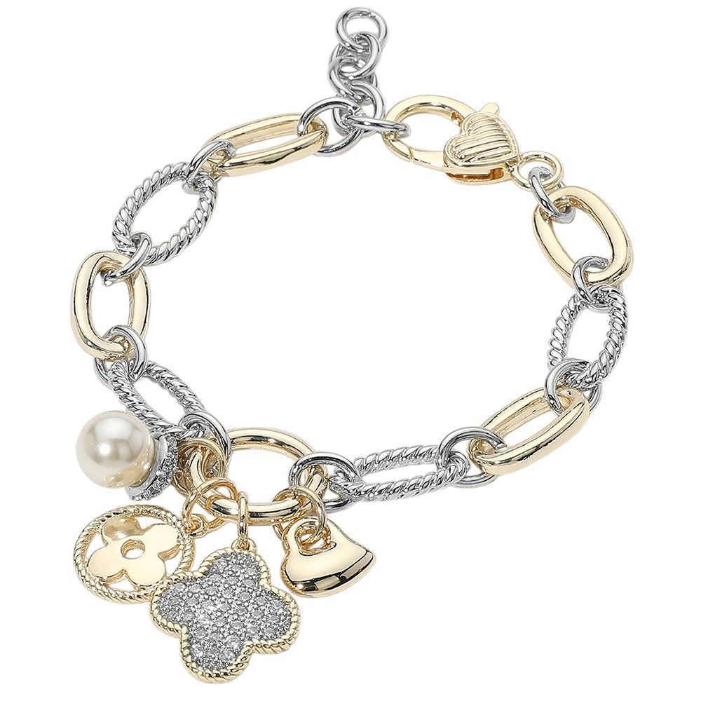 14K Gold Plated Two Tone CZ Stone Paved Quatrefoil Heart Pearl Charm Bracelet