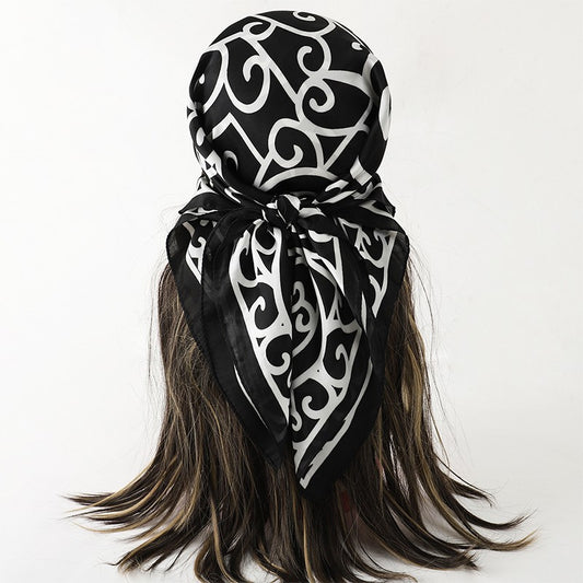 Women's Satin Silk Scarf Black White Square Head Wrap Bandana Hair Neck Scarves