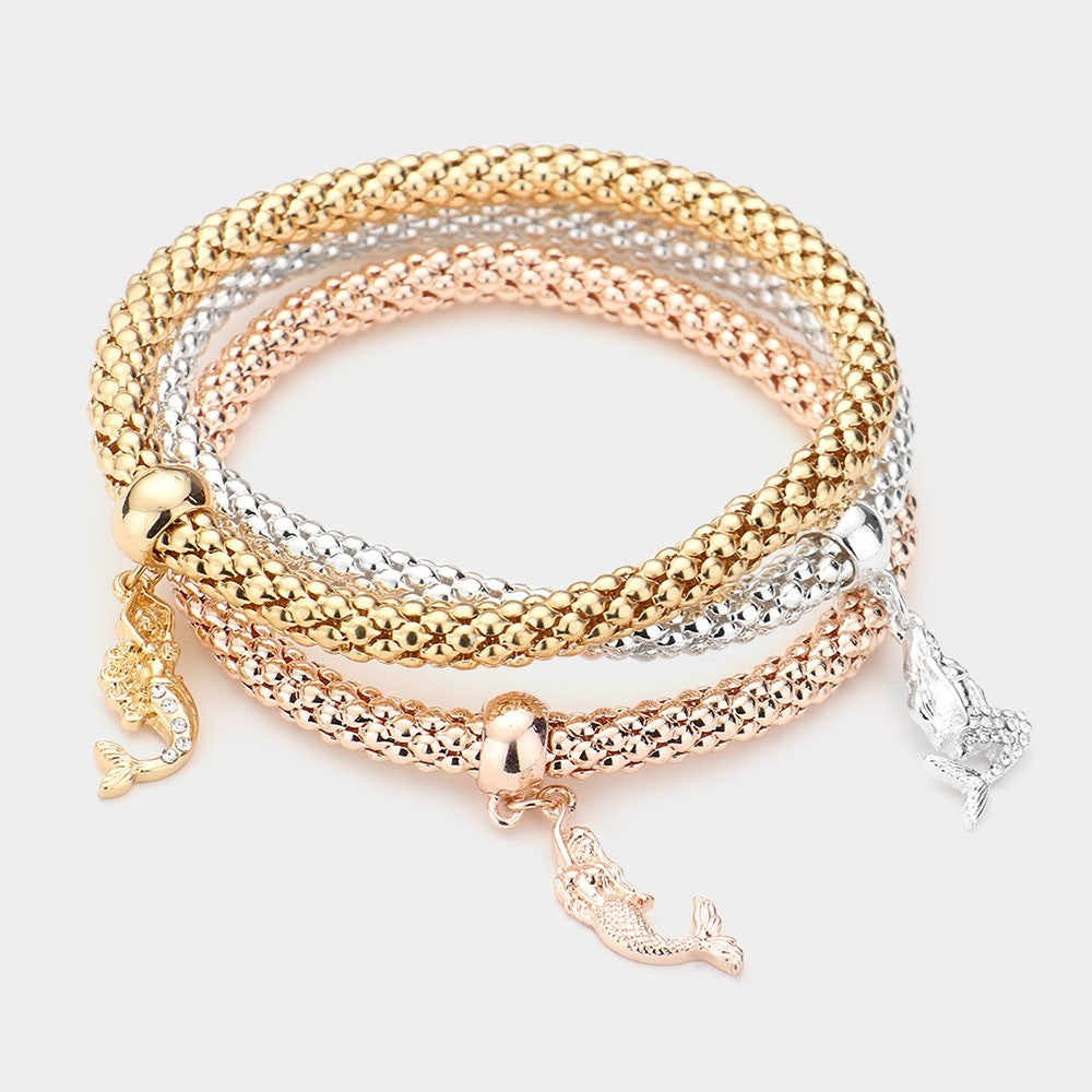Stretch Popcorn Bangle Bracelet Set 3PC Mermaid Charms Gold Silver Rose