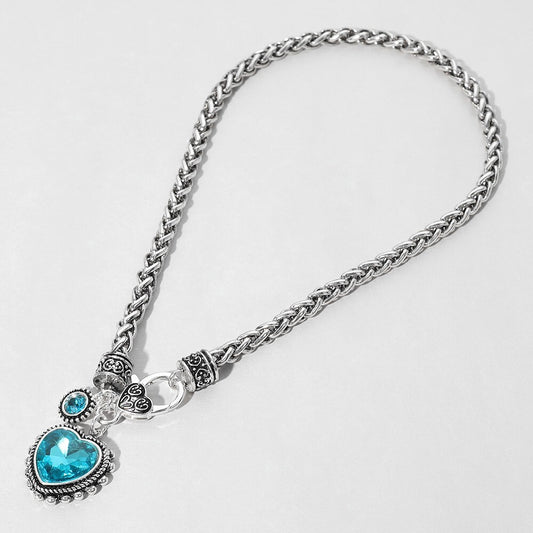 Antique Silver Heart Pendant Necklace with Blue Stone and Braided Chain