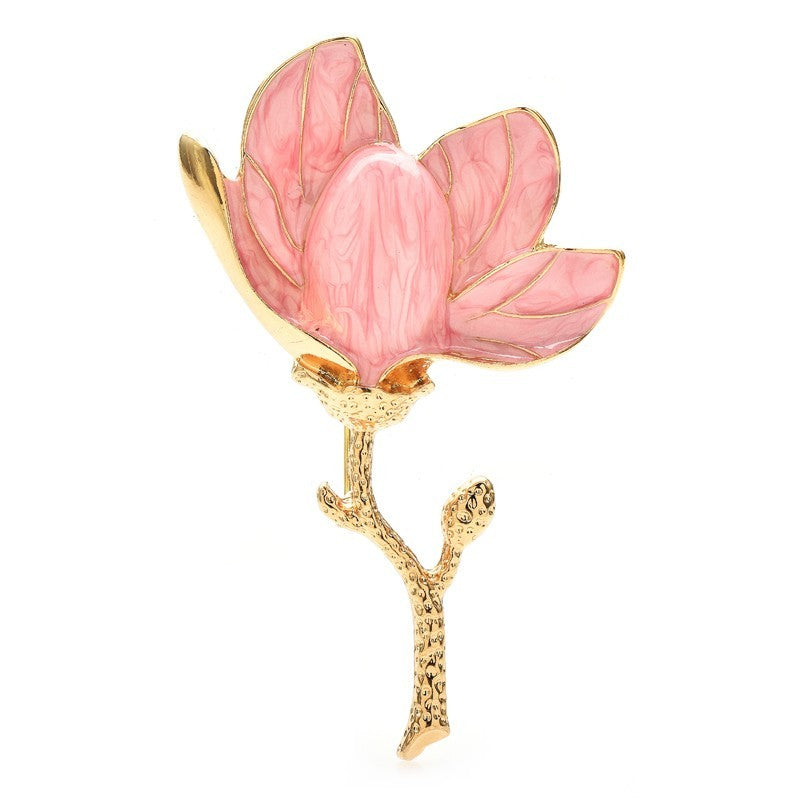 3pcs Enamel Flower Brooch Pin Set Magnolia Floral Gold Tone Jewelry for Women