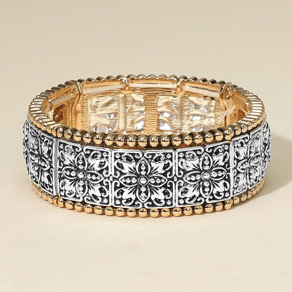 Vintage Boho Metal Floral Stretch Bracelet for Women Girls Retro Style Jewelry