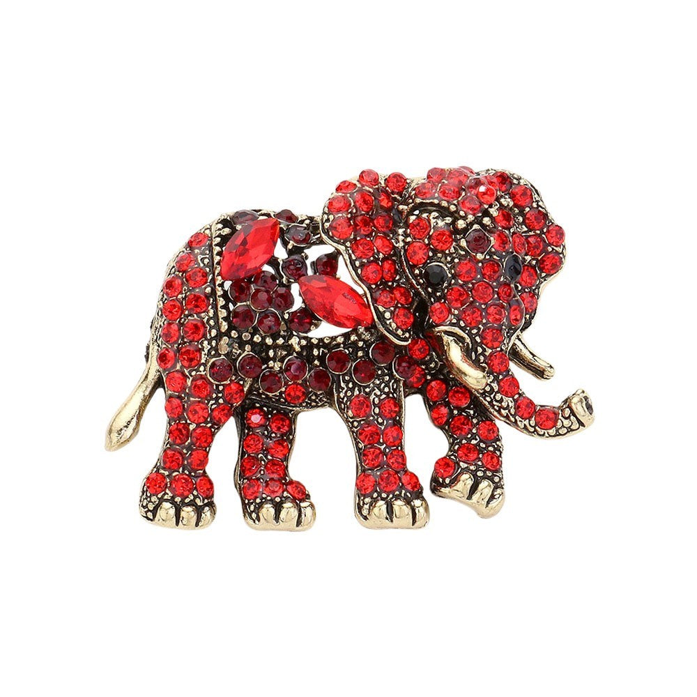 2 Elephant Brooch Set: Red Ruby & Brown Amber Rhinestone Costume Jewelry Pins
