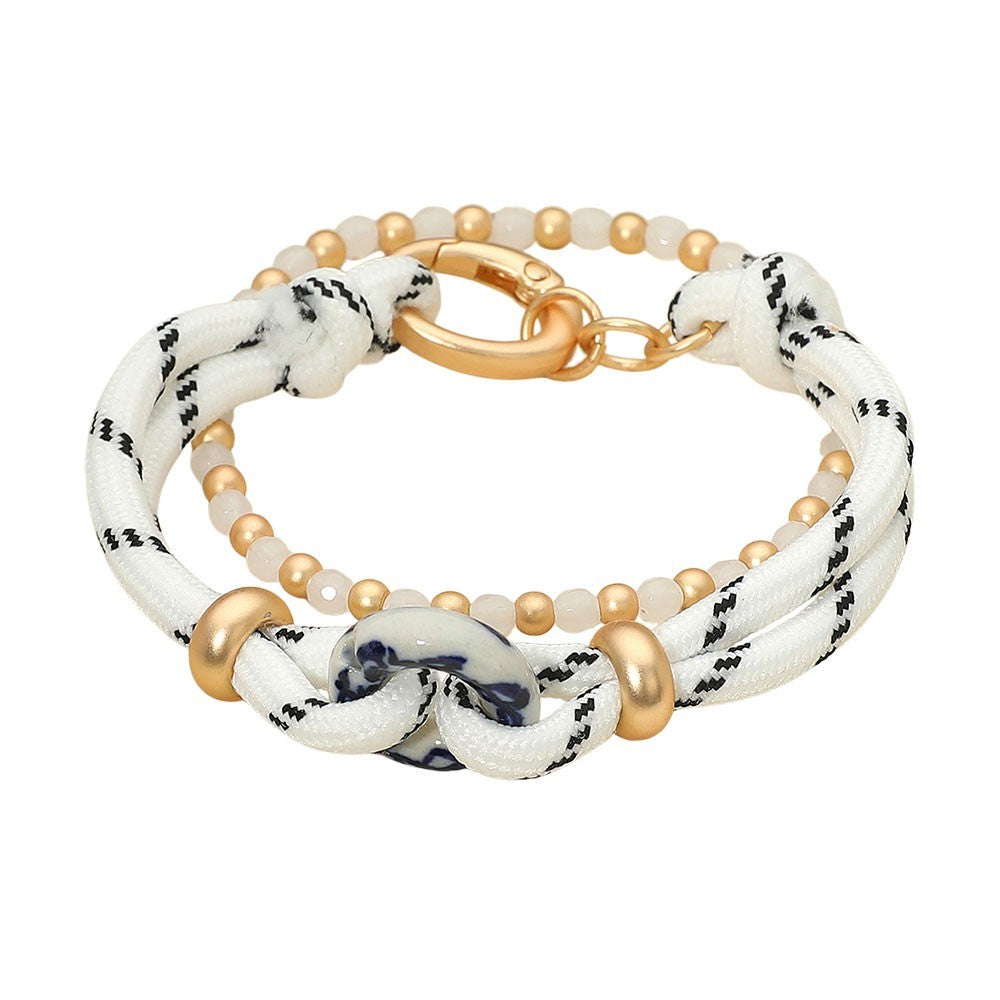 Double Strand White Nautical Rope & Gold Tone Beaded Bracelet Sailor Knot Beach