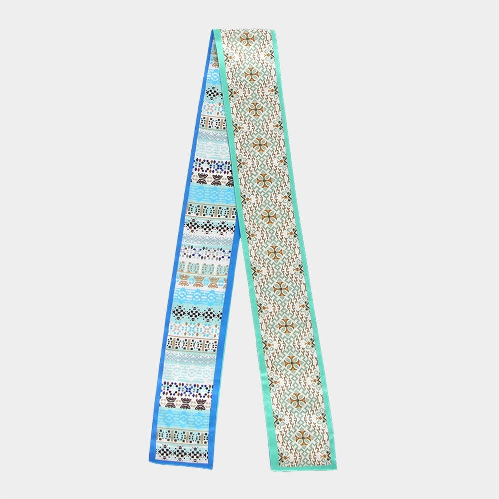 Silk Like Skinny Scarf Turquoise Floral Geometric Neck Tie Handbag Handle Ribbon