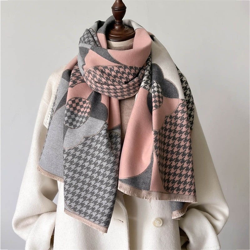 Geometric Houndstooth Soft Cashmere Feel Shawl Wrap Scarf Pink Gray White
