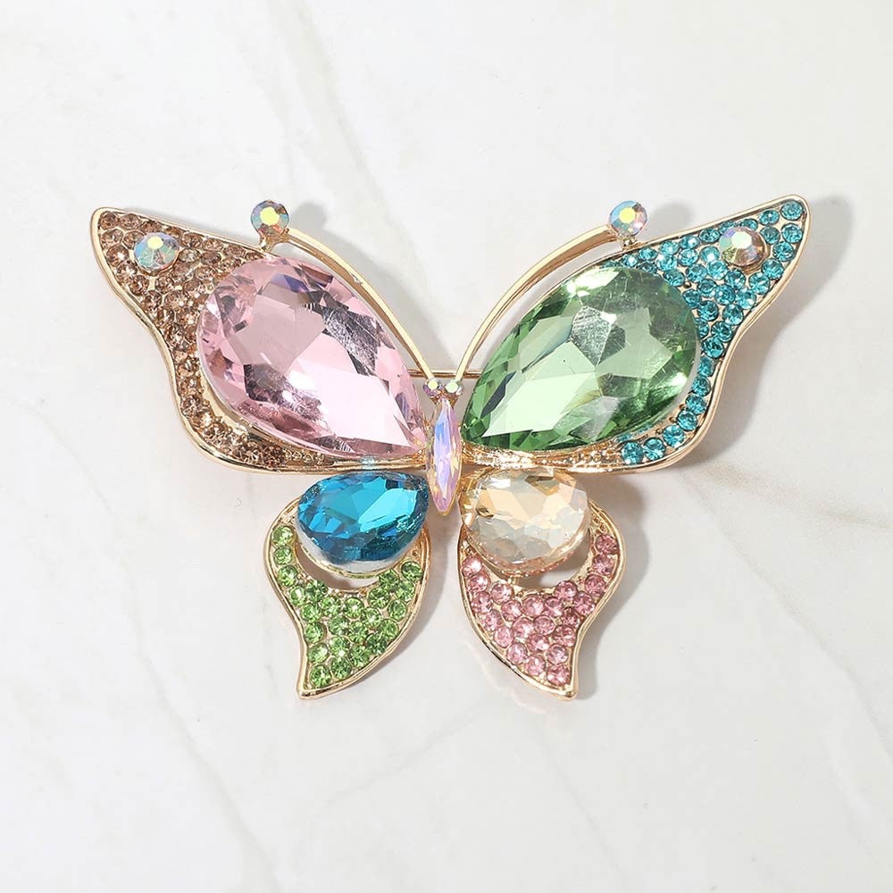 Gold Tone Multicolor Rhinestone Butterfly Brooch Crystal Wing Statement Pin 3.25