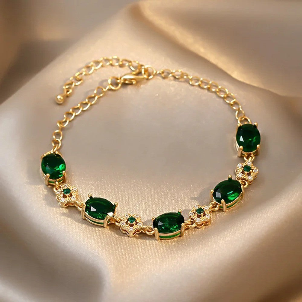 Green Crystal Gold Link Bracelet for Women | Elegant Fashion Jewelry Gift Ladies