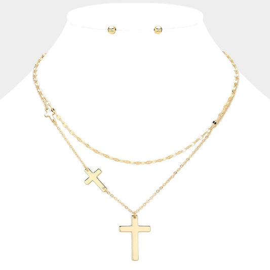 Gold Plated Layered Cross Pendant Necklace & Stud Earrings Set 16"+2"