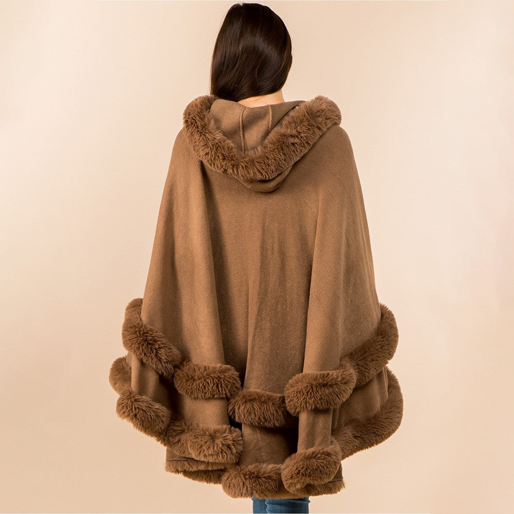 Luxury Brown Faux Fur Trim Hooded Cape Poncho Wrap Tiered Winter Cloak New