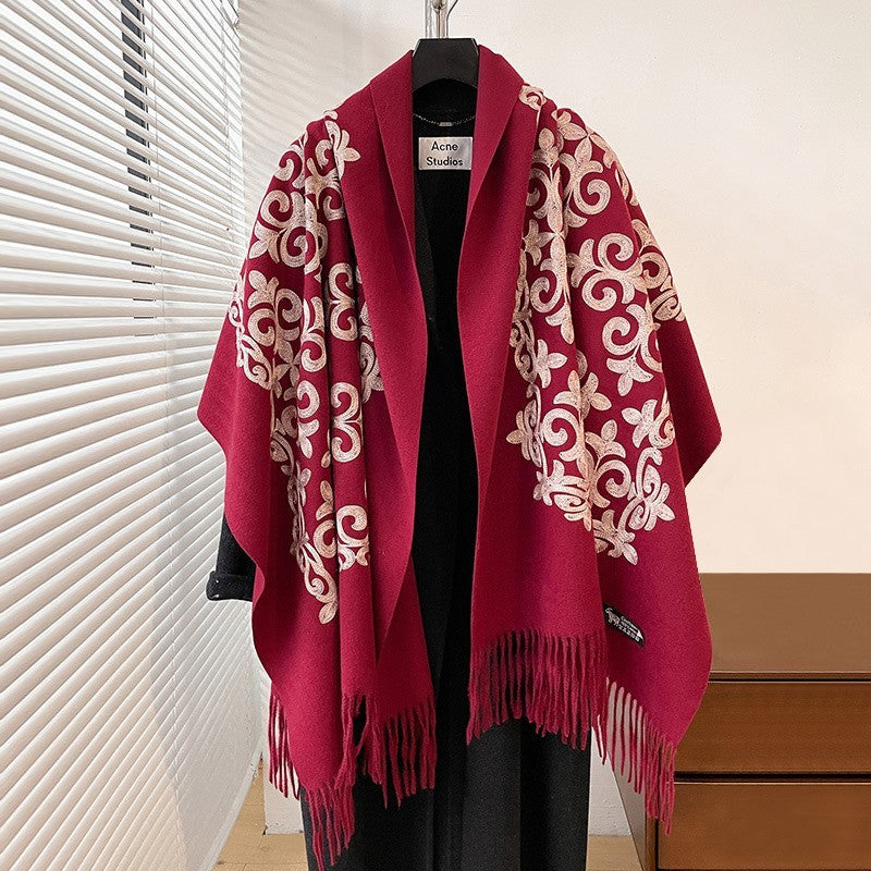 Boho Burgundy Floral Embroidered Pashmina Scarf Soft Cashmere Feel Wrap 73x26"