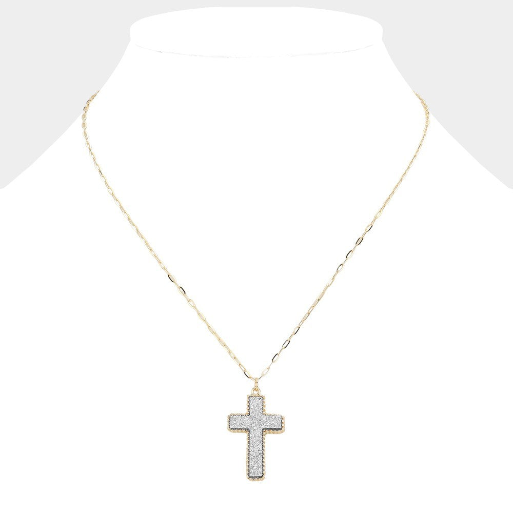 Gold Tone Druzy Cross Pendant Necklace Sparkly Crystal Stone Fashion Jewelry