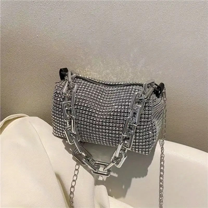 Silver Tone Rhinestone Evening Bag Crystal Clutch Thick Chain Shoulder Handbag