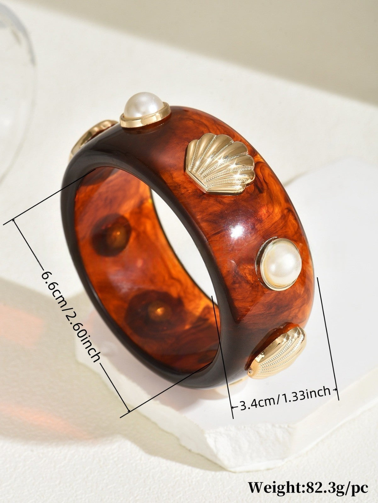 Vintage Resin Pearl Shell Bangle Wide Geometric Bracelet Women Men Gift Jewelry