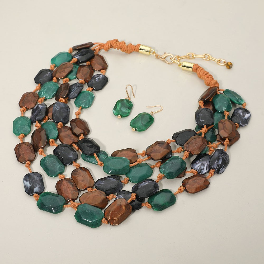 Boho Multi Layer Beaded Statement Necklace & Earrings Set Green Brown 23"