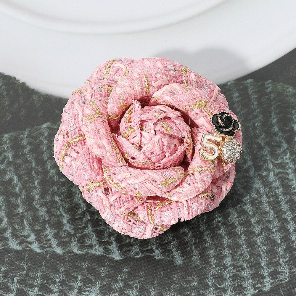 2PCS Elegant Camellia Flower Brooch Set Tweed Fabric Pin Hair Clip Black Pink
