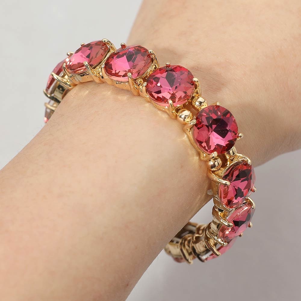 Gold Fuchsia Pink Crystal Stretch Bracelet Bold Glamorous Sparkle Jewelry