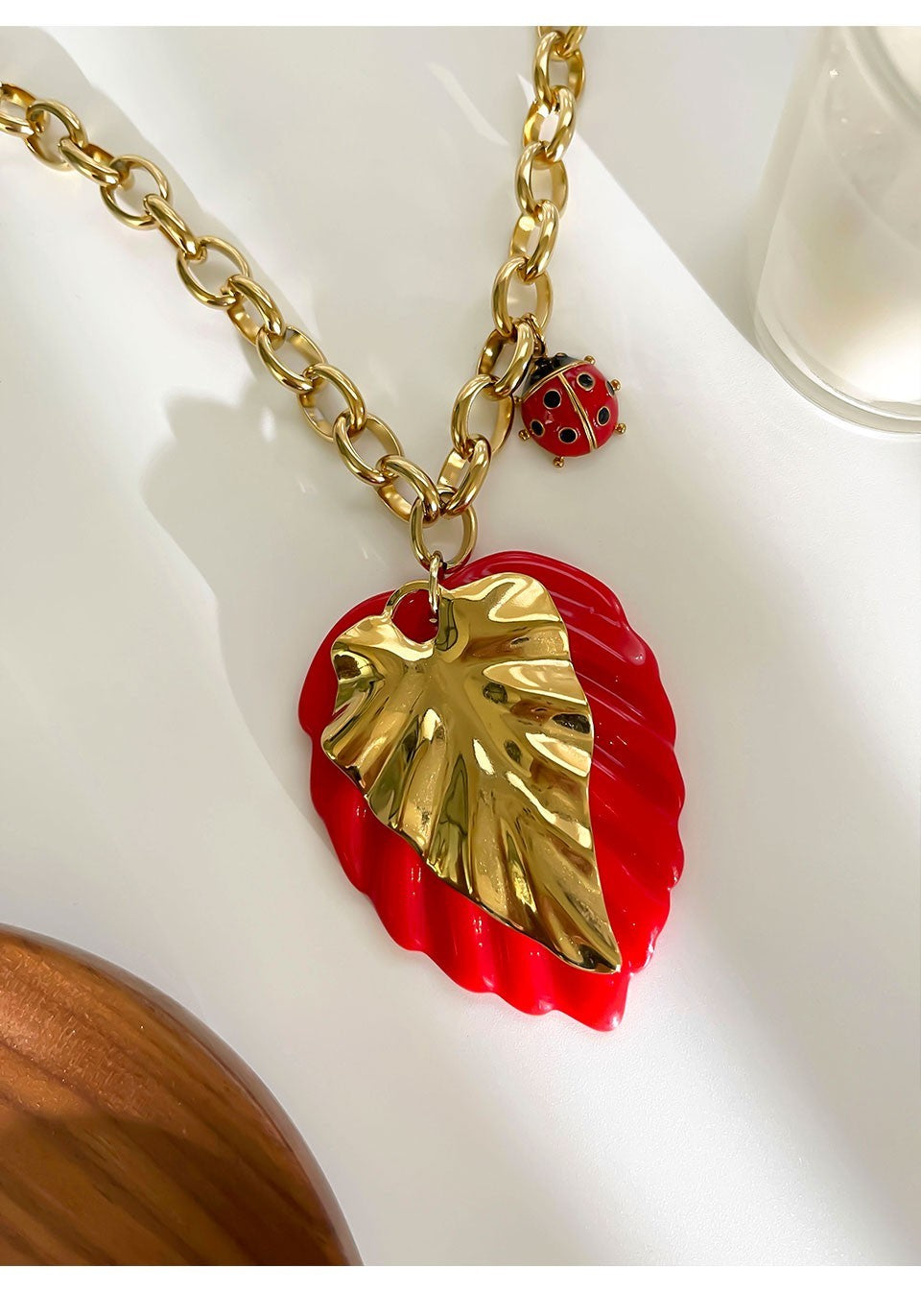 Oversized Red Leaf & Ladybug Charm Gold Chain Necklace for Women