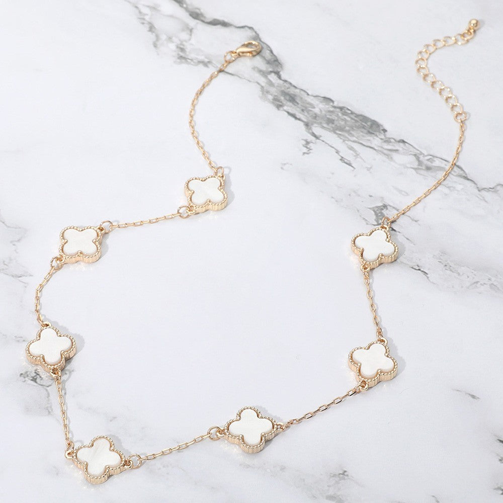 Gold Quatrefoil White Stone Station Necklace for Women Elegant Layering Jewelry