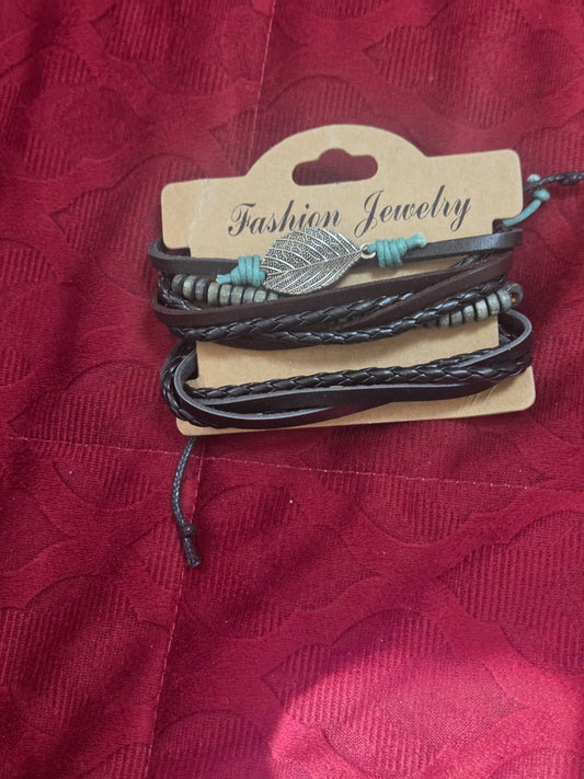 Men's Bohemian Multi-Layer Leather Wrap Bracelet Set Wood Beads Leaf Charm Adjus