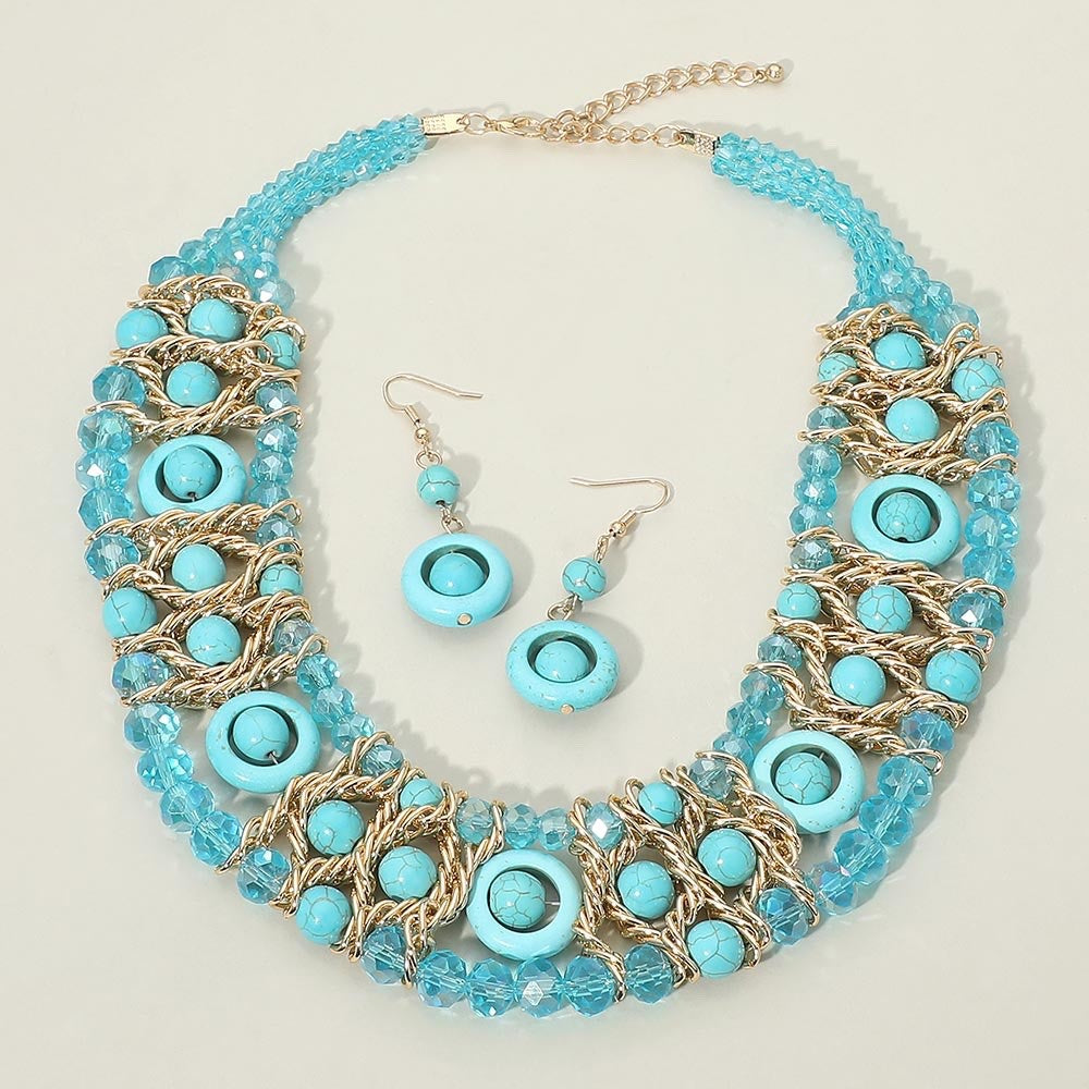 2pc Bold Turquoise Faux Stone Beaded Statement Bib Necklace and Earring Set