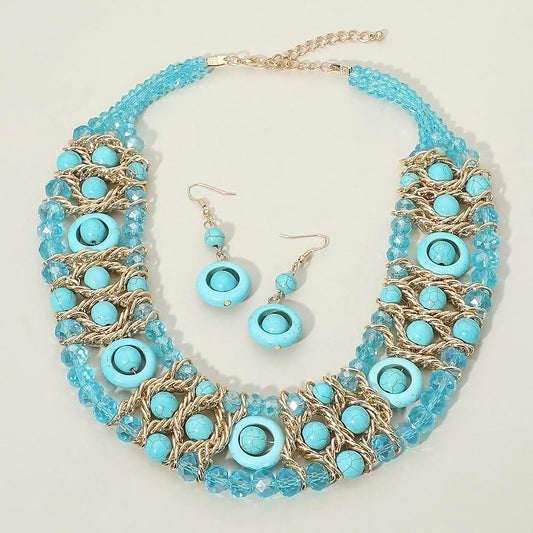 2pc Bold Turquoise Faux Stone Beaded Statement Bib Necklace and Earring Set