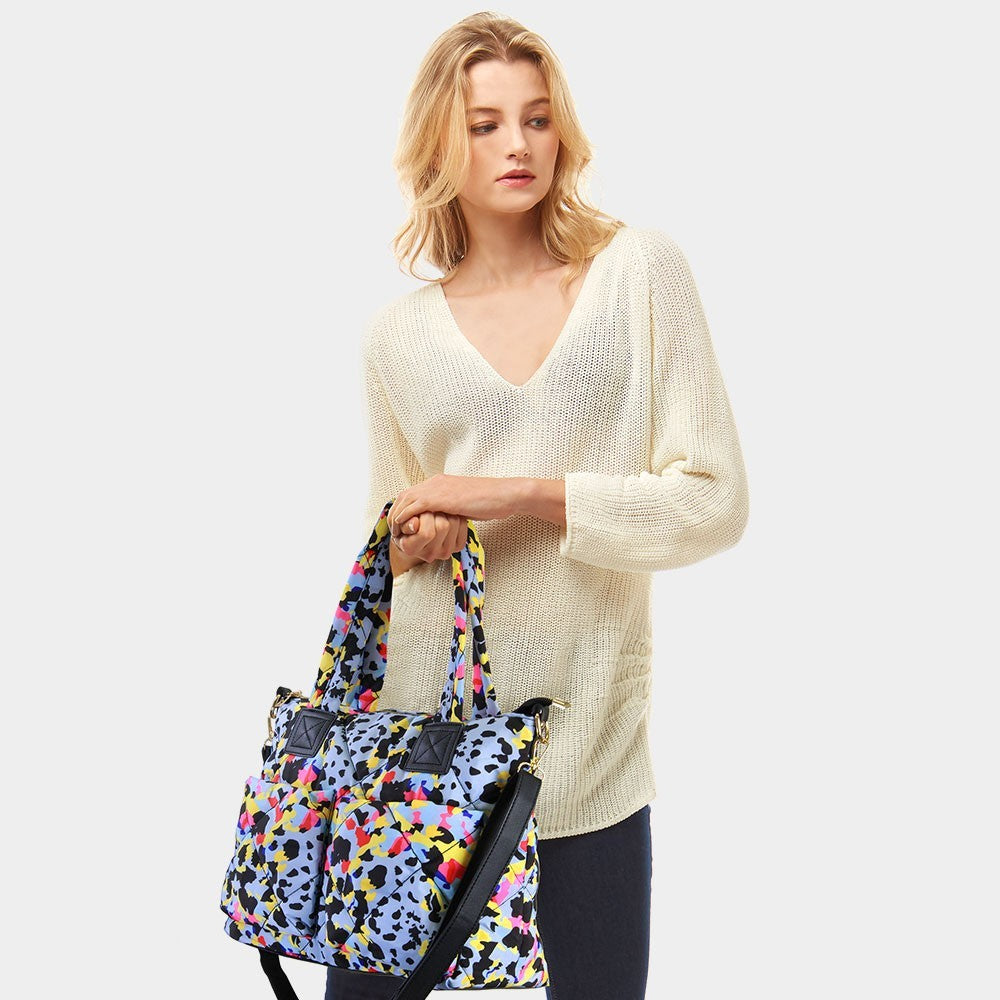 Womens Animal Print Puffer Leopard Pattern Tote Bag Multi with Detachable Strap