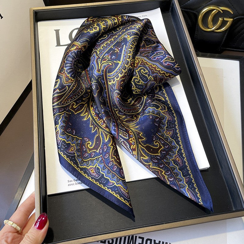 Luxury Navy Blue Gold Paisley Satin Silk Scarf Neckerchief Bandana Head Wrap