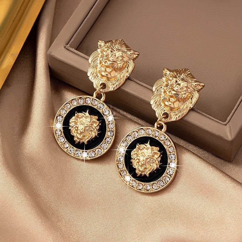 Vintage Lion Head Gold Tone Dangle Earrings Black Crystal Drop