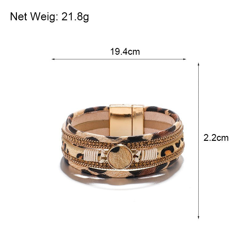 Gold Plated Magnetic Clasp Leopard Print Multi-layer Leather Cuff Bracelet Gift
