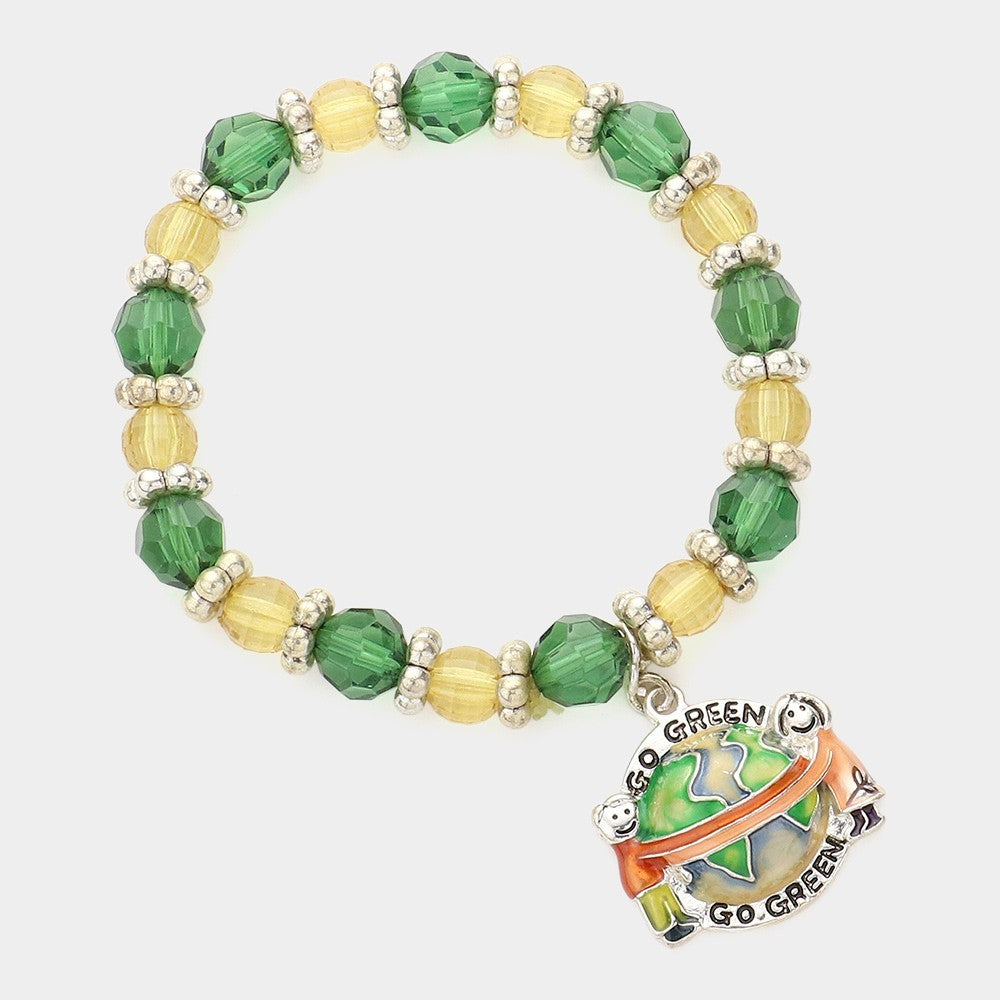 Go Green Symbol Charm Antique Silver Beaded Stretchable Bracelet for Women