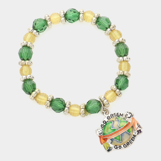 Go Green Symbol Charm Antique Silver Beaded Stretchable Bracelet for Women