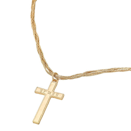 Gold Trust Engraved Cross Pendant Necklace - Braided Mesh Chain Fashion Jewelry