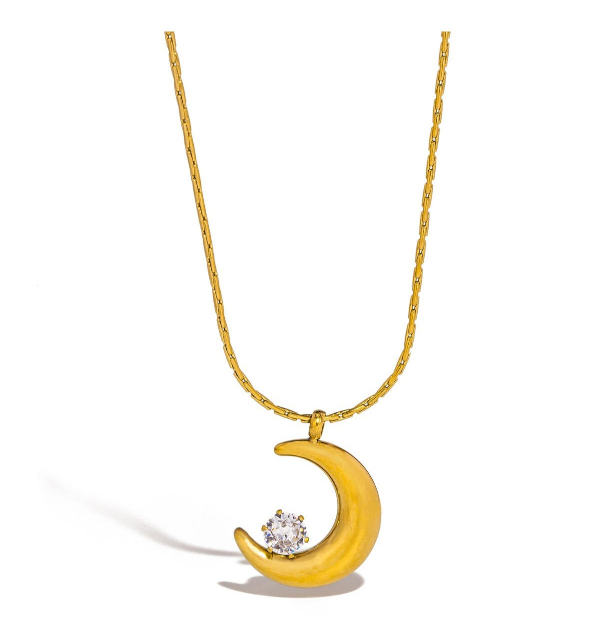 Gold  Tone Moon Pendant Necklace Women Zircon Stone Stainless Steel Jewelry